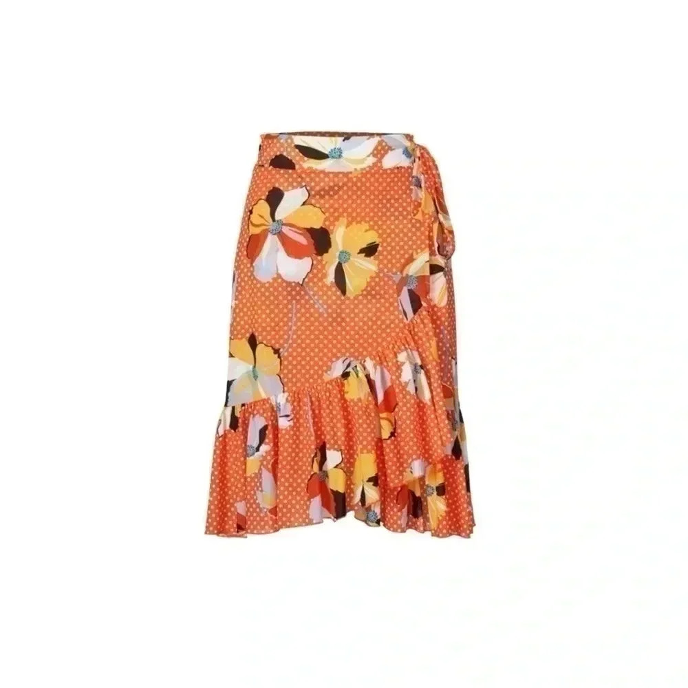 Cabi Orange Polka & Floral Wrap Skirt  Size XS